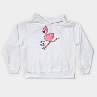 Cartoon flamingo playing soccer Kids Hoodie